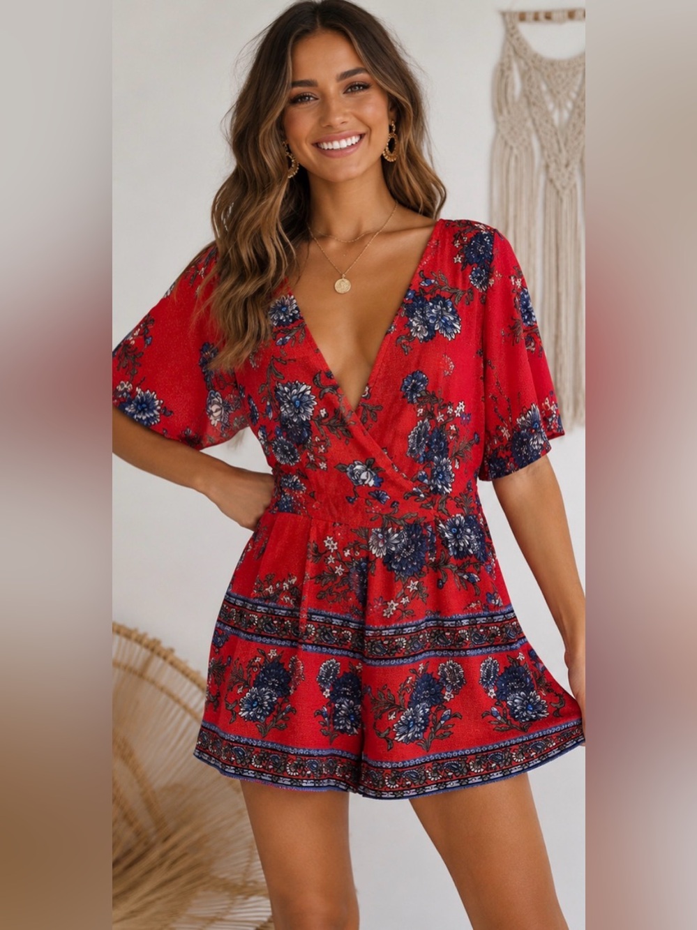 Red Floral Boho Romper Large Deep V Open Back Summer Resort Vacation Festival